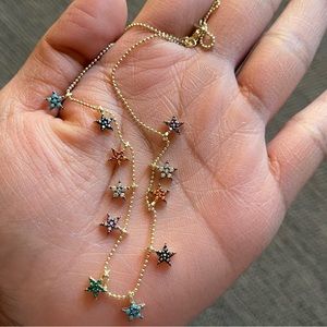 Sterling Silver 925 CZ Stars Necklace Multicolor Jewelry EUC